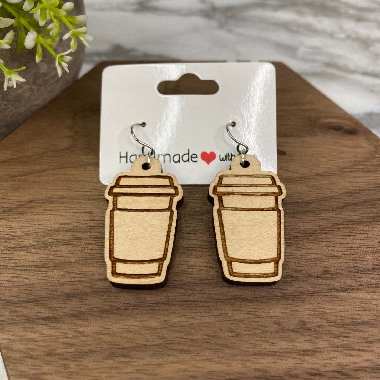 Wooden Dangle Earrings - Tea & Coffee Cup