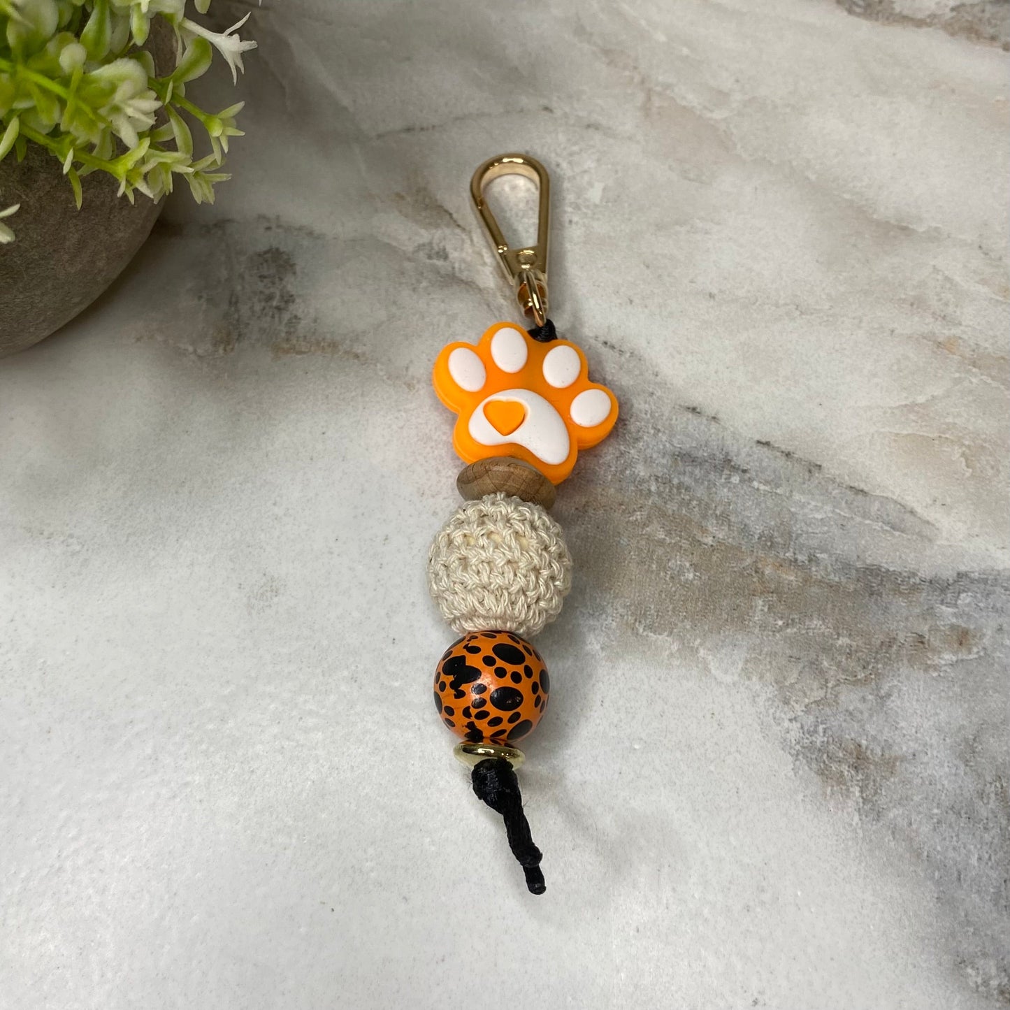 Keychain - Silicone & Wood Bead - Orange Paw