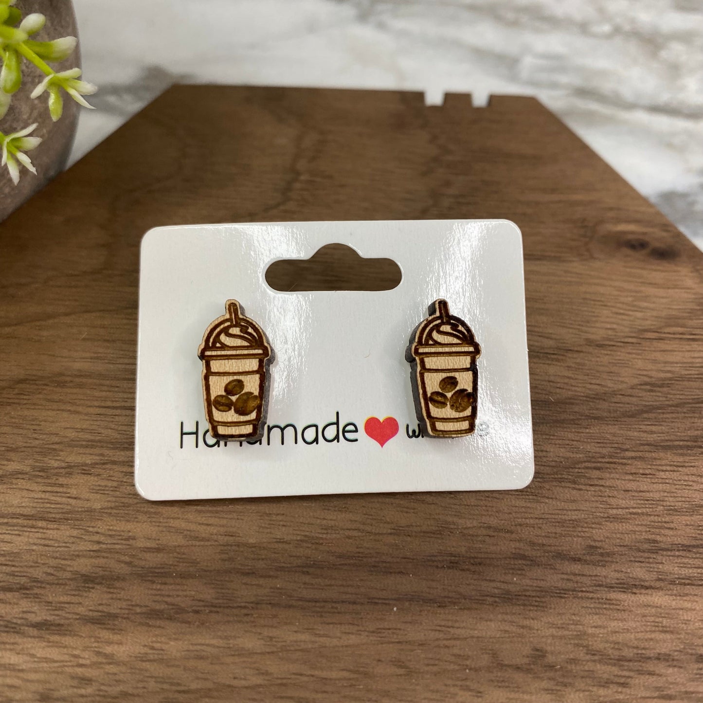 Wooden Stud Earrings - Frappe Coffee Beans