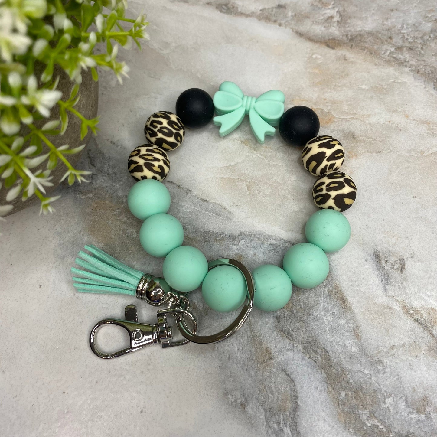 Silicone Bracelet Keychain - Mint Bow