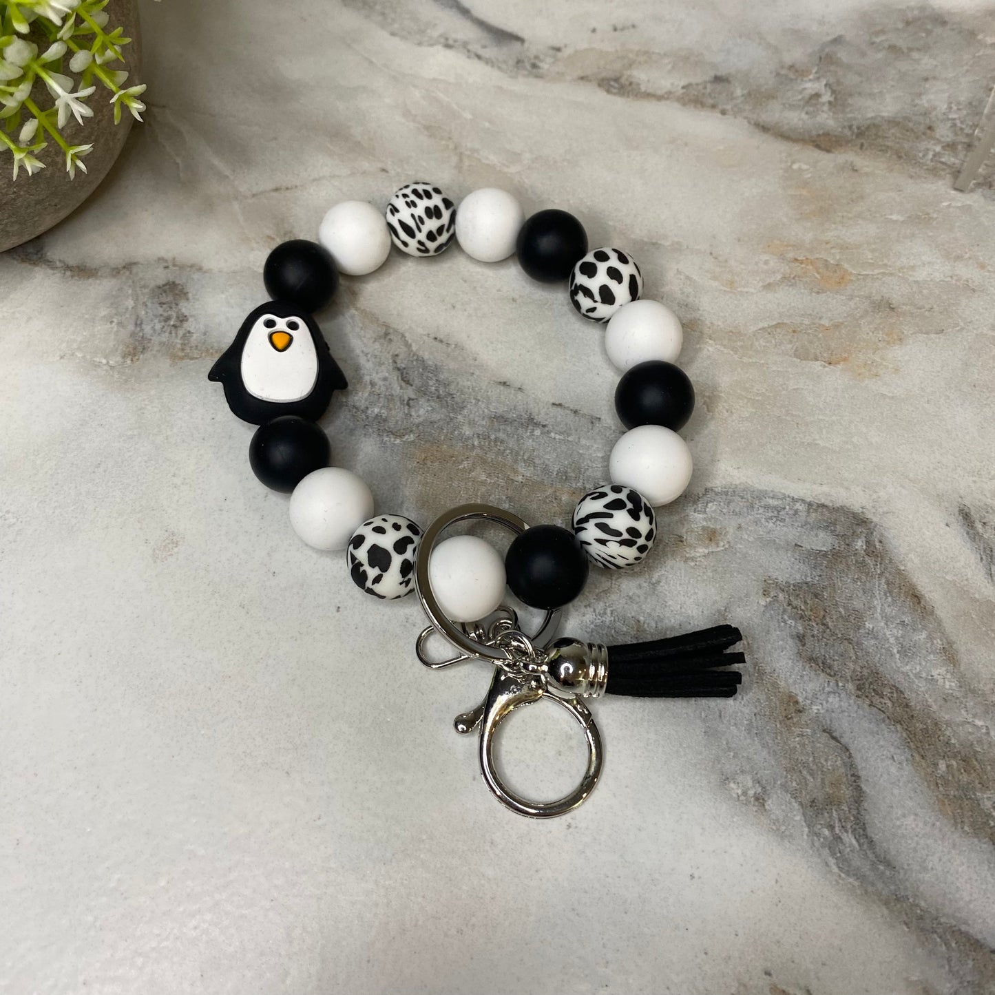 Silicone Bracelet Keychain - Penguin Black & White