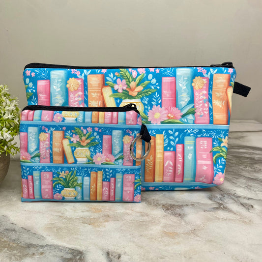 Pouch & Mini Pouch Bundled Set - Book Floral Pastels on Blue