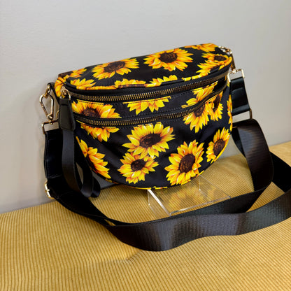The Roni Nylon Crossbody - Floral Yellow Sunflower on Black