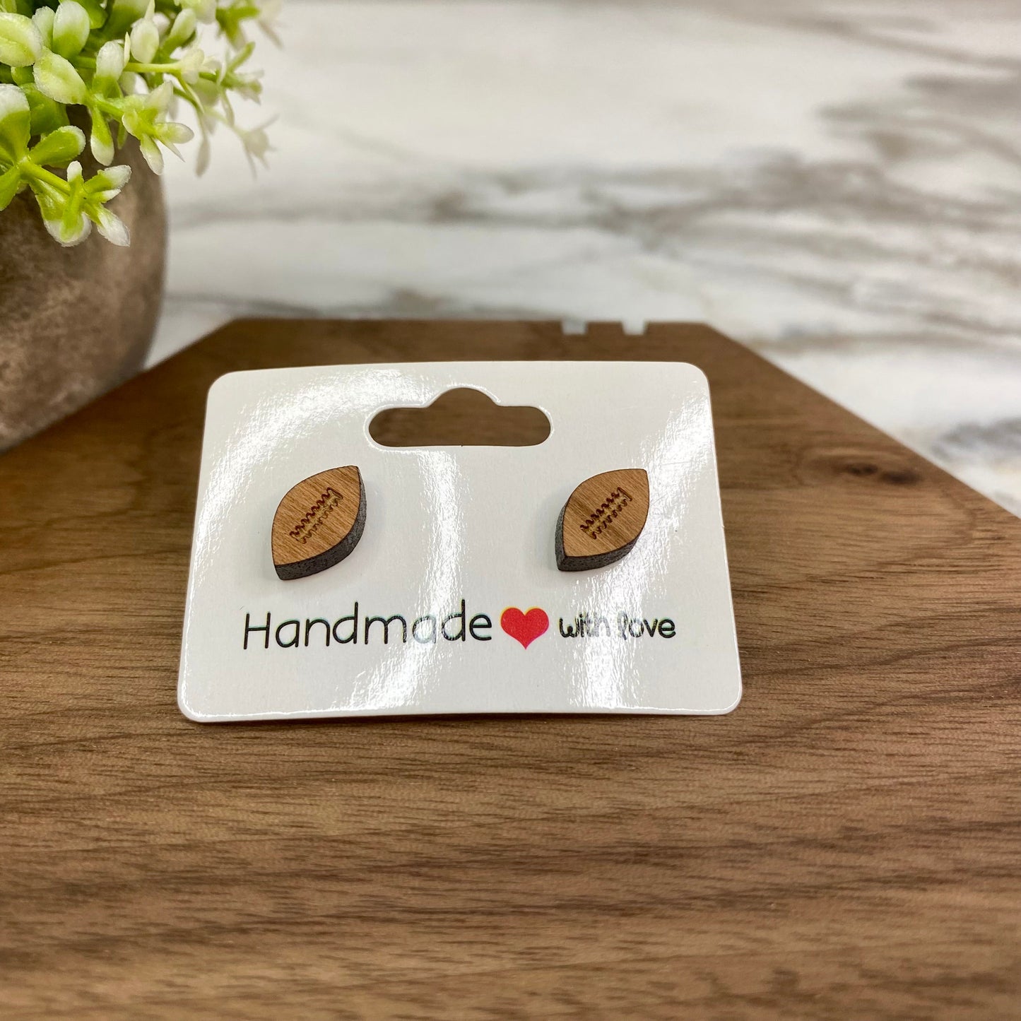 Wooden Stud Earrings - Football
