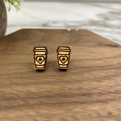 Wooden Stud Earrings - Coffee Cup Heart Bean