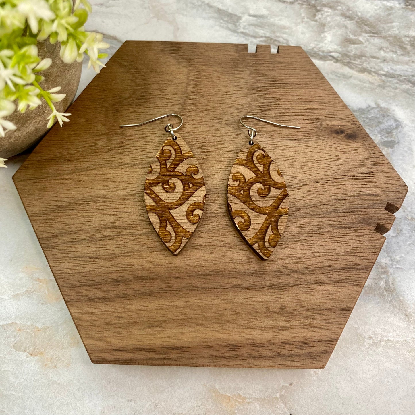 Wooden Dangle Earrings - Filigree