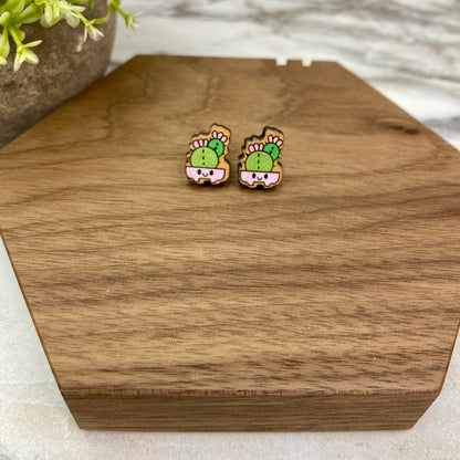 Wooden Stud Earrings - Cactus/Succulent