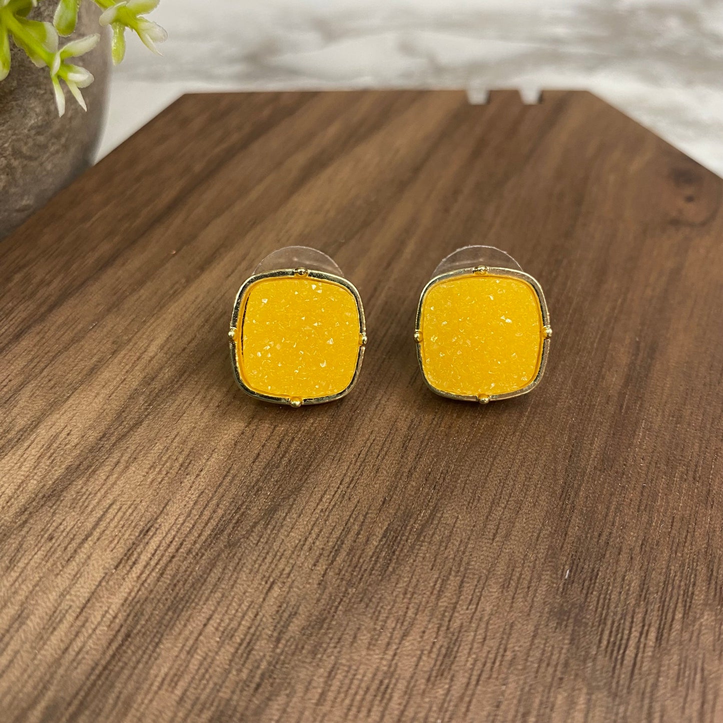 Druzy Stud Earrings - 12mm - Square Yellow