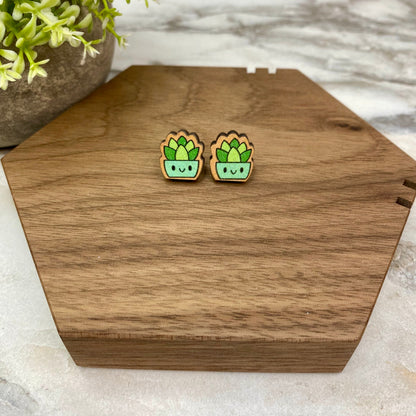 Wooden Stud Earrings - Cactus/Succulent