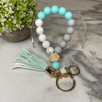 Silicone Bracelet Keychain with Wood Bead & Tassel - Aqua