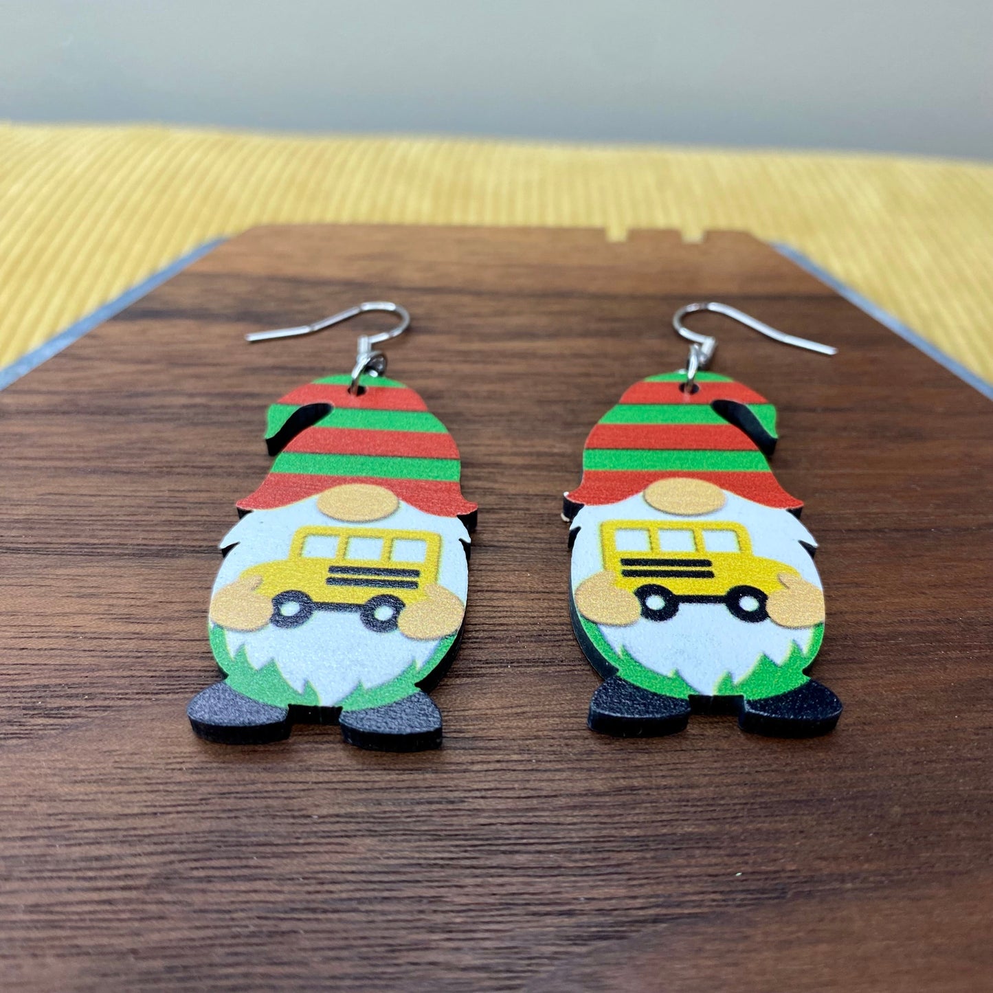 Wooden Dangle Earrings - Teacher Gnome Bus