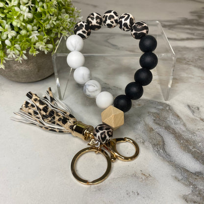 Silicone Bracelet Keychain with Wood Bead & Tassel - Animal Print