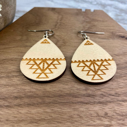 Wooden Dangle Earrings - Aztec Teardrop