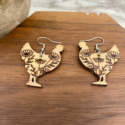 Wooden Dangle Earrings - Chicken - #1