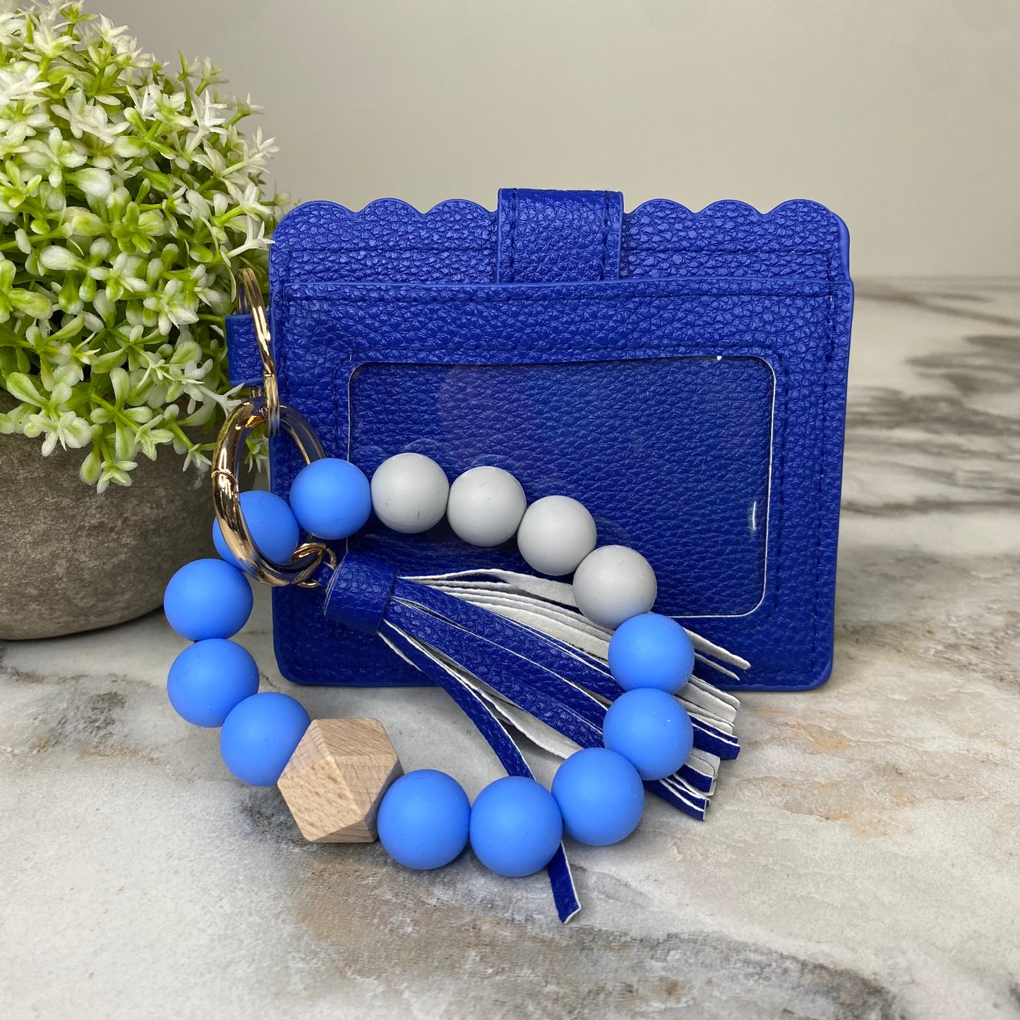 Silicone Bracelet Keychain with Scalloped Card Holder - Blue