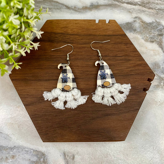 Wooden Dangle Earrings - Christmas Gnome White Plaid Macrame Beard