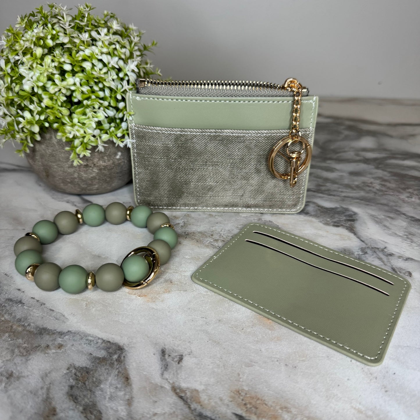 Denim Suede Bracelet Keychain & Card Holder Wallet