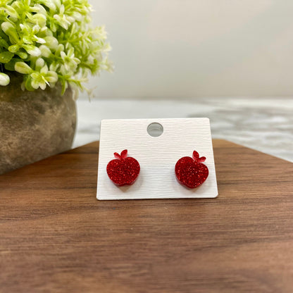 Acrylic Stud Earrings - Glitter Apple Teacher School