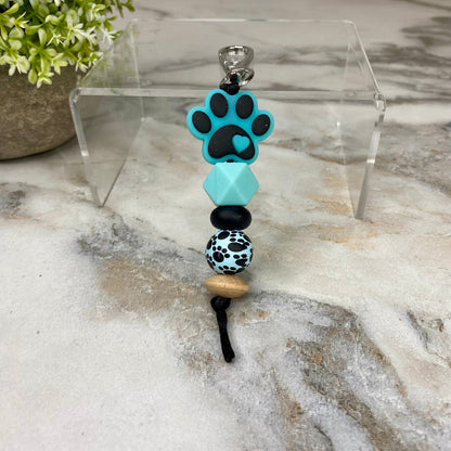 Keychain - Silicone & Wood Bead - Paw Print - Turquoise
