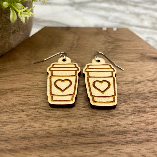 Wooden Dangle Earrings - Coffee Cup Heart #2