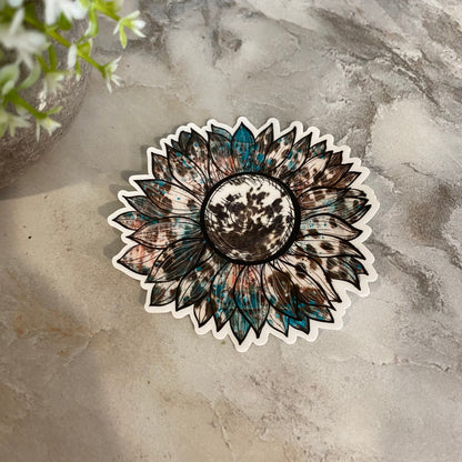 Vinyl Sticker - Turquoise Cow Sunflower