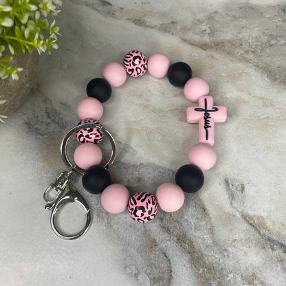 Silicone & Wood Bracelet Keychain - Religious, Jesus, Light Pink