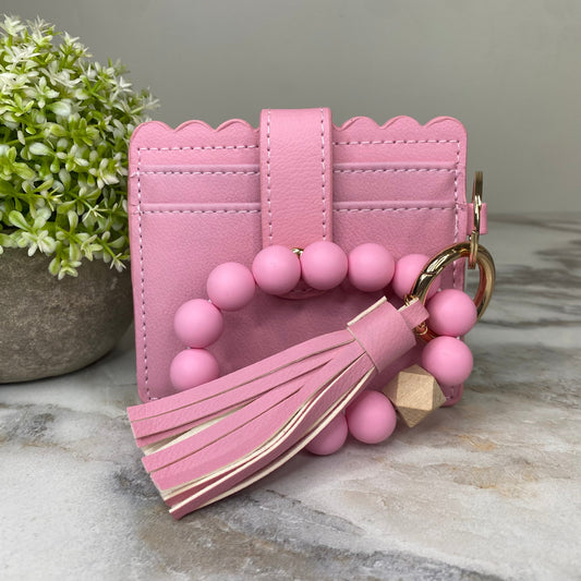 Silicone Bracelet Keychain with Scalloped Card Holder - Pink