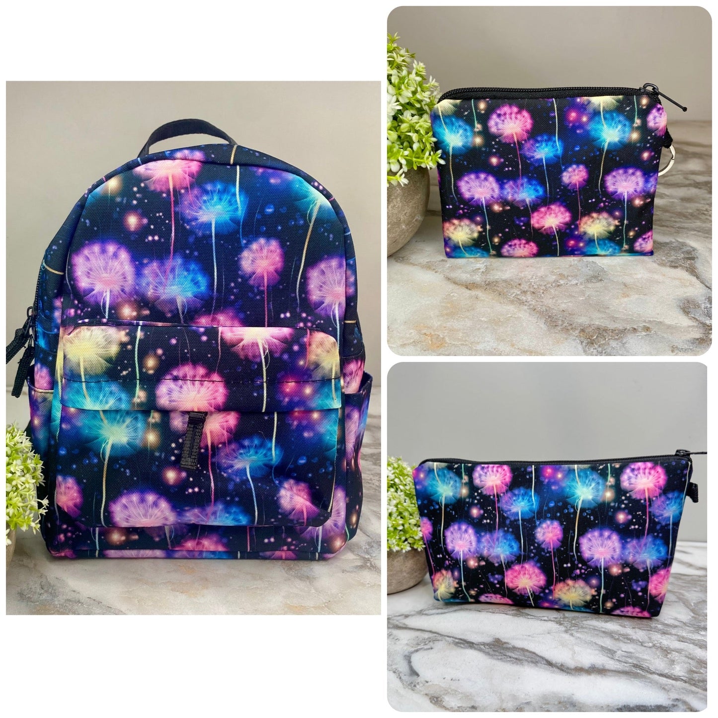 Mini Backpack, Pouch, & Mini Pouch Bundled Set - Rainbow Dandelion