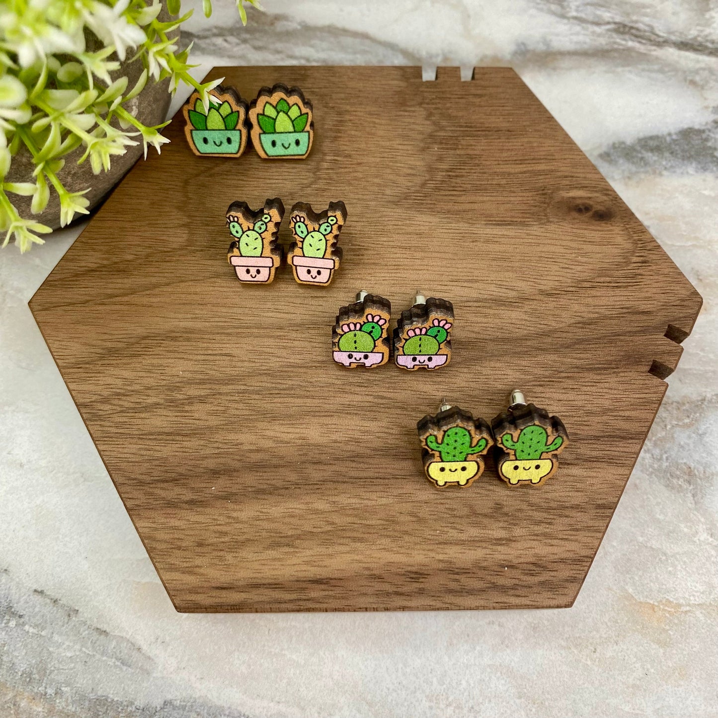 Wooden Stud Earrings - Cactus/Succulent