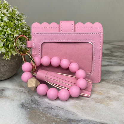 Silicone Bracelet Keychain with Scalloped Card Holder - Pink