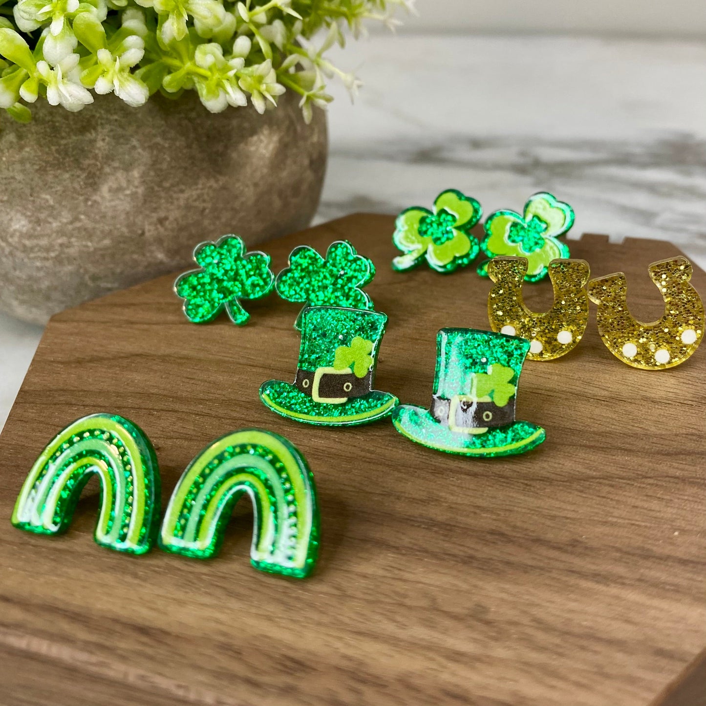 Acrylic Stud Earrings - St. Patrick’s Day - Lucky Green Mix