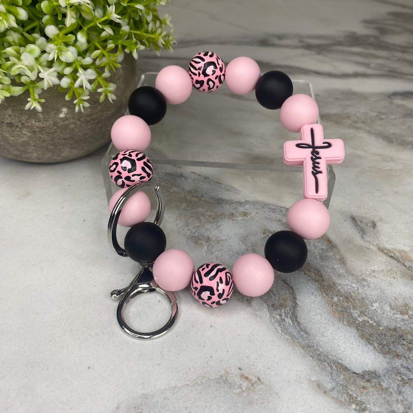 Silicone & Wood Bracelet Keychain - Religious, Jesus, Light Pink