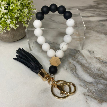Silicone Bracelet Keychain with Wood Bead & Tassel - Black