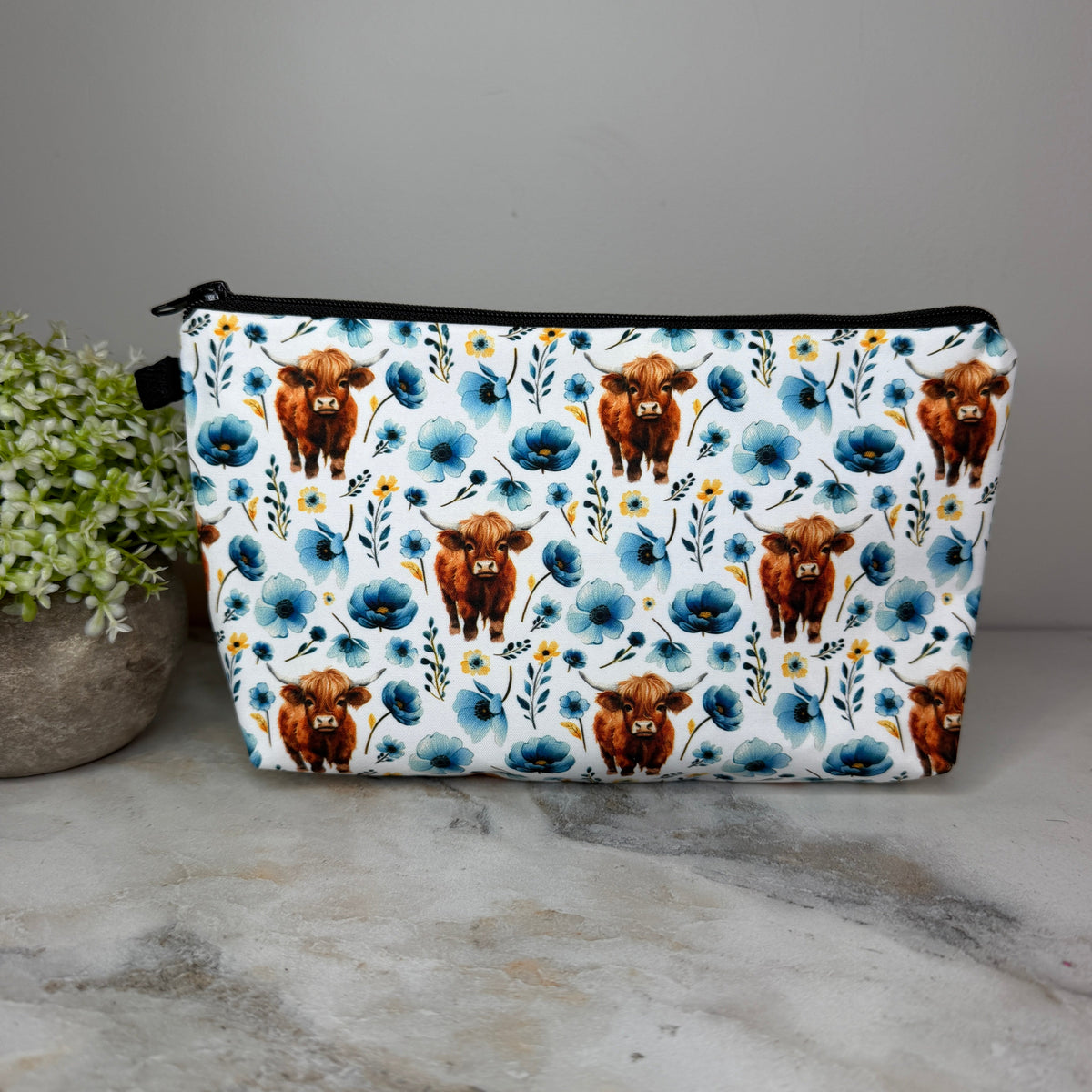 Pouch - Highland Cow Blue Floral