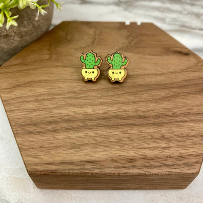 Wooden Stud Earrings - Cactus/Succulent