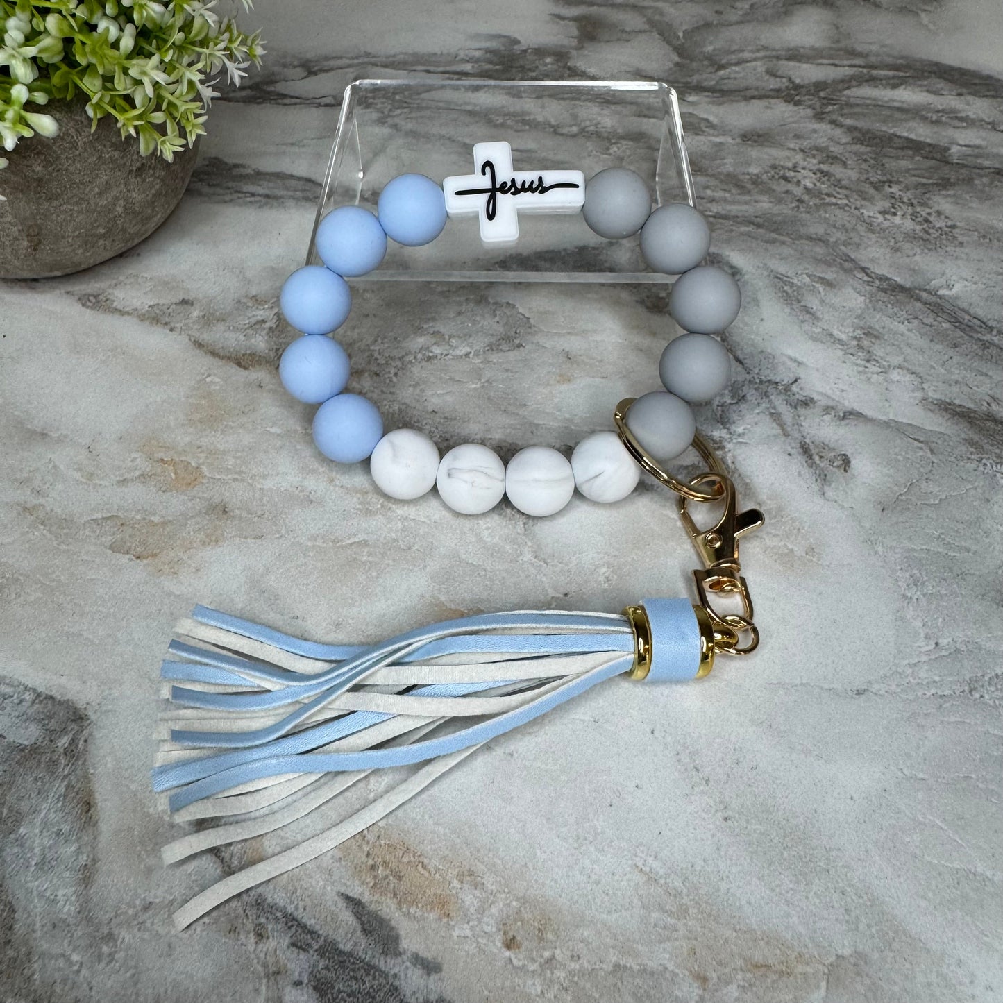 Silicone Bracelet Keychain - Religious, Jesus, White & Blue