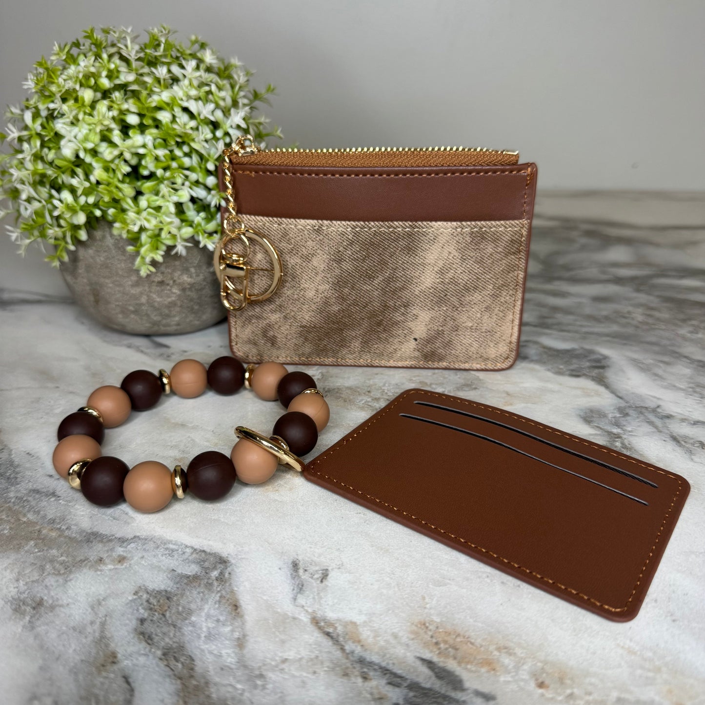 Denim Suede Bracelet Keychain & Card Holder Wallet