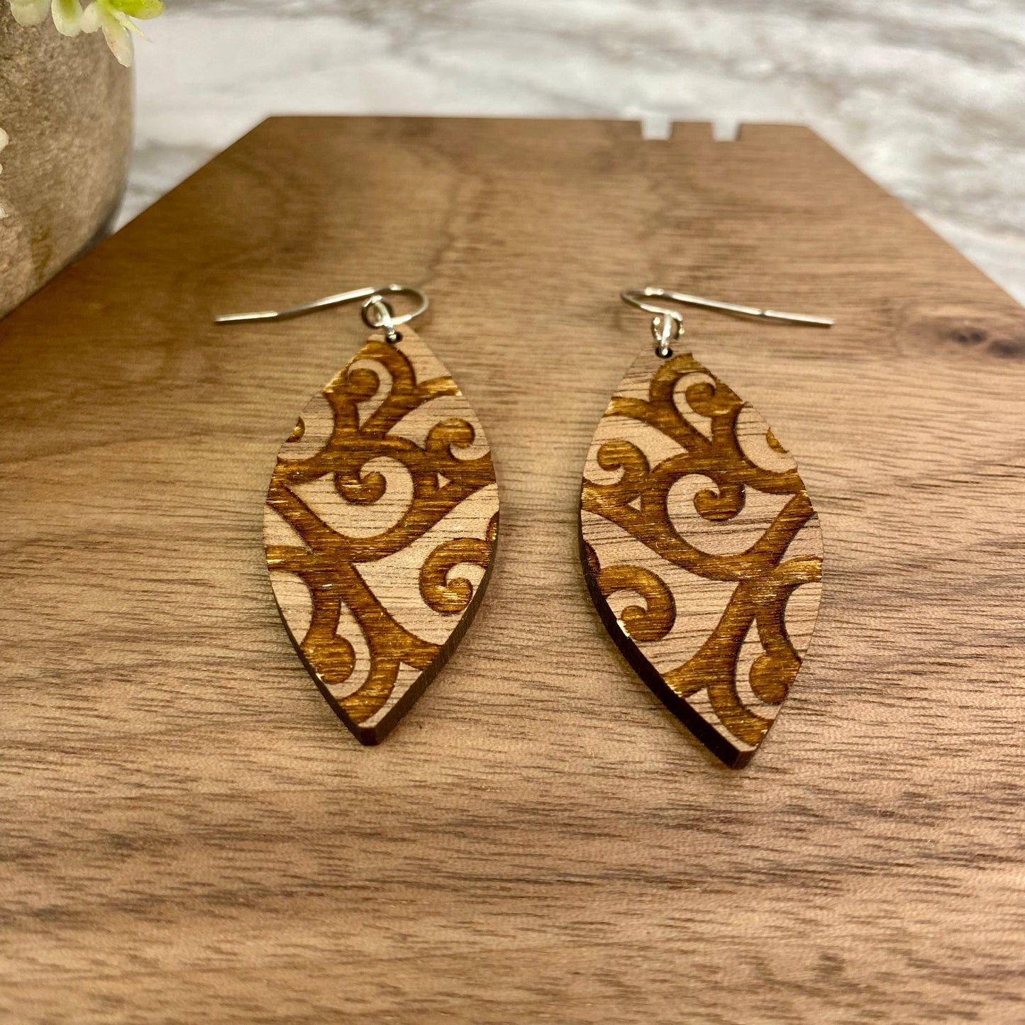 Wooden Dangle Earrings - Filigree