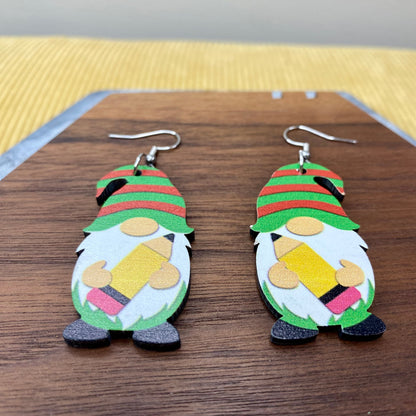 Wooden Dangle Earrings - Teacher Gnome Pencil