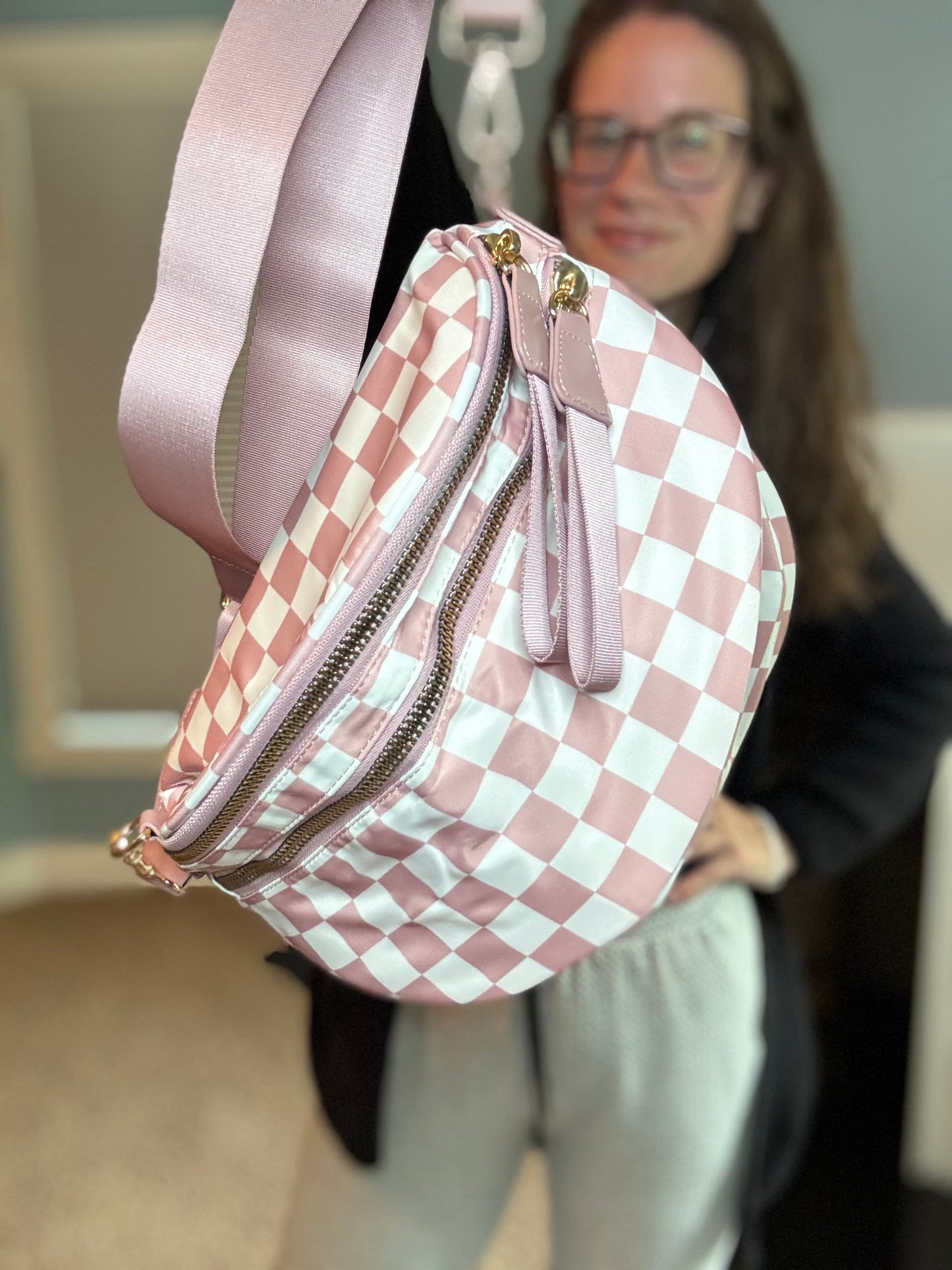The Roni Nylon Crossbody - Checkered Medium Pink