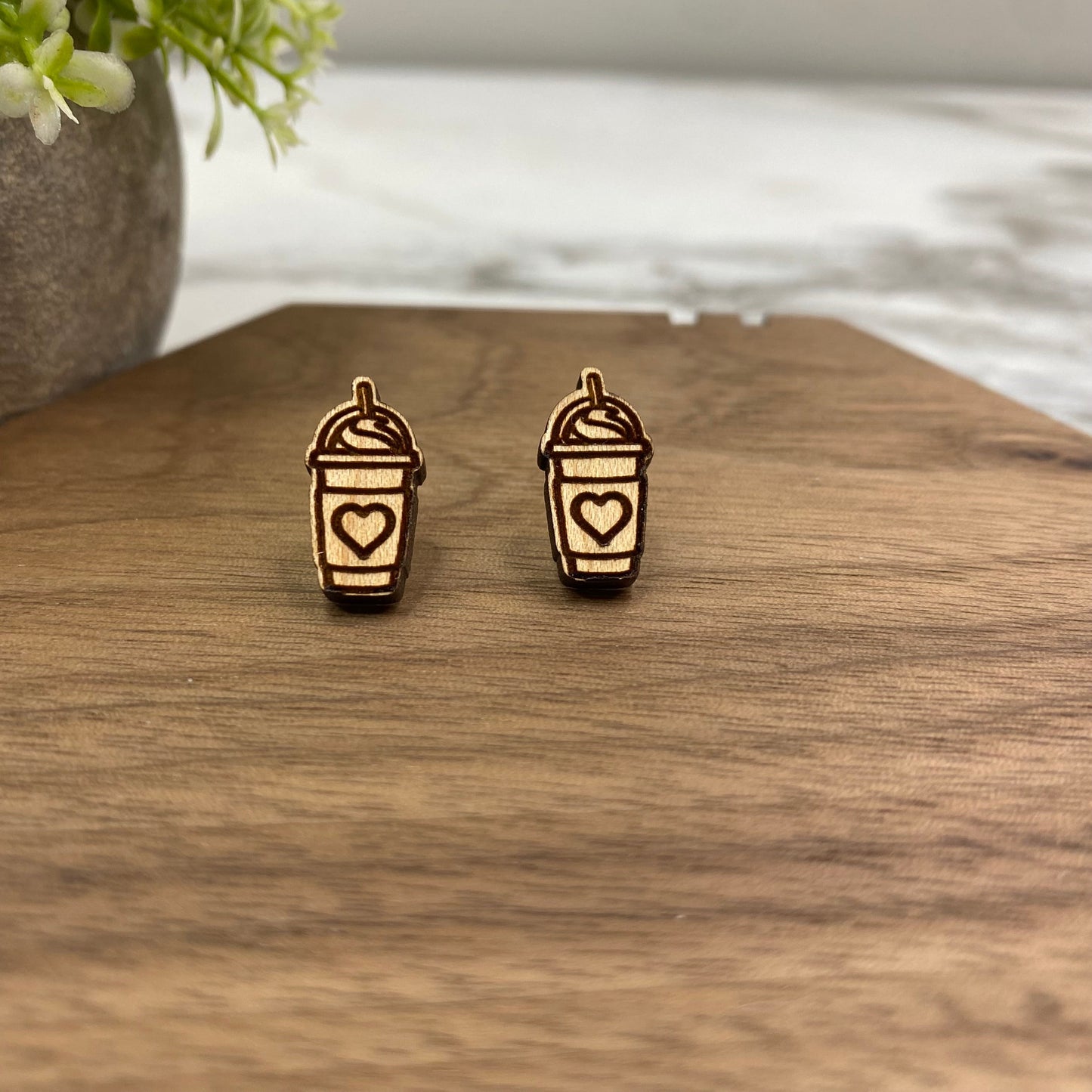 Wooden Stud Earrings - Frappuccino Heart