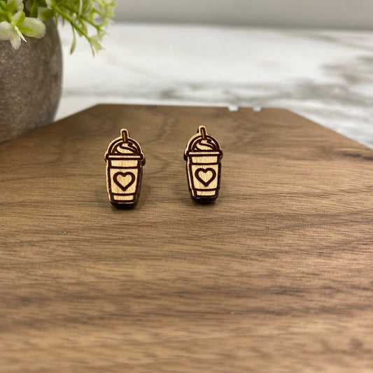 Wooden Stud Earrings - Frappuccino Heart