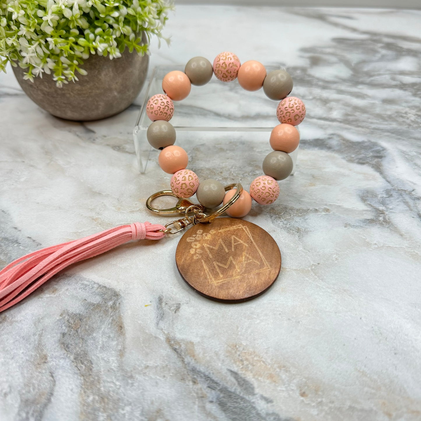 Wooden Bead Bracelet Keychain - Mama - Pink