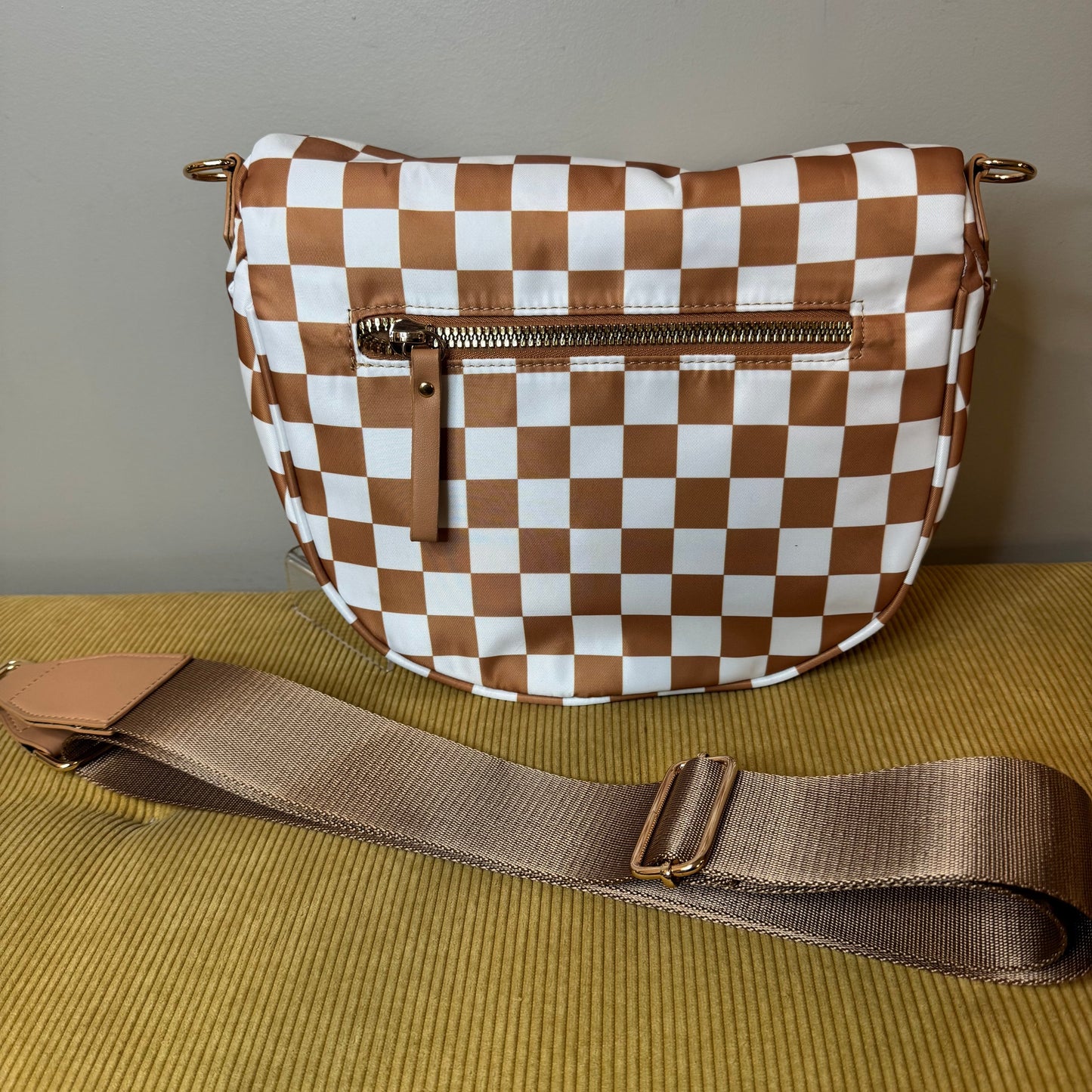 The Roni Nylon Crossbody - Checkered Camel