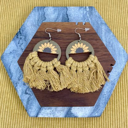 Wood & Macrame Earrings - Half Sunflower