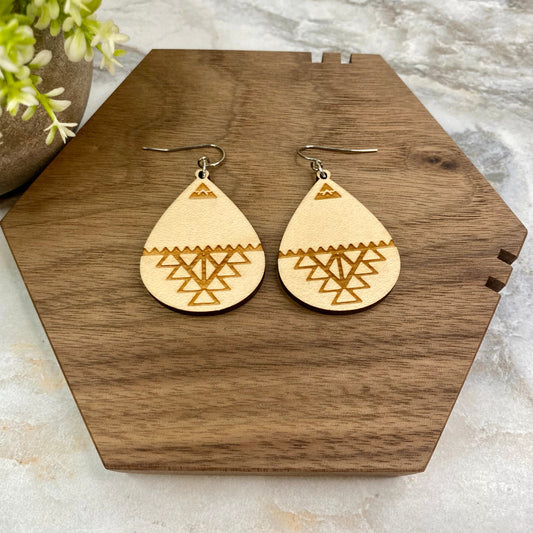 Wooden Dangle Earrings - Aztec Teardrop