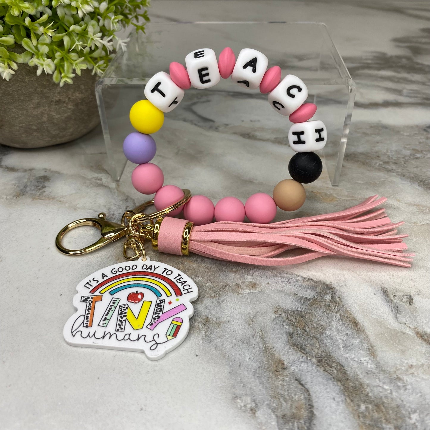 Silicone & Acrylic Bracelet Keychain - Teach - Pink