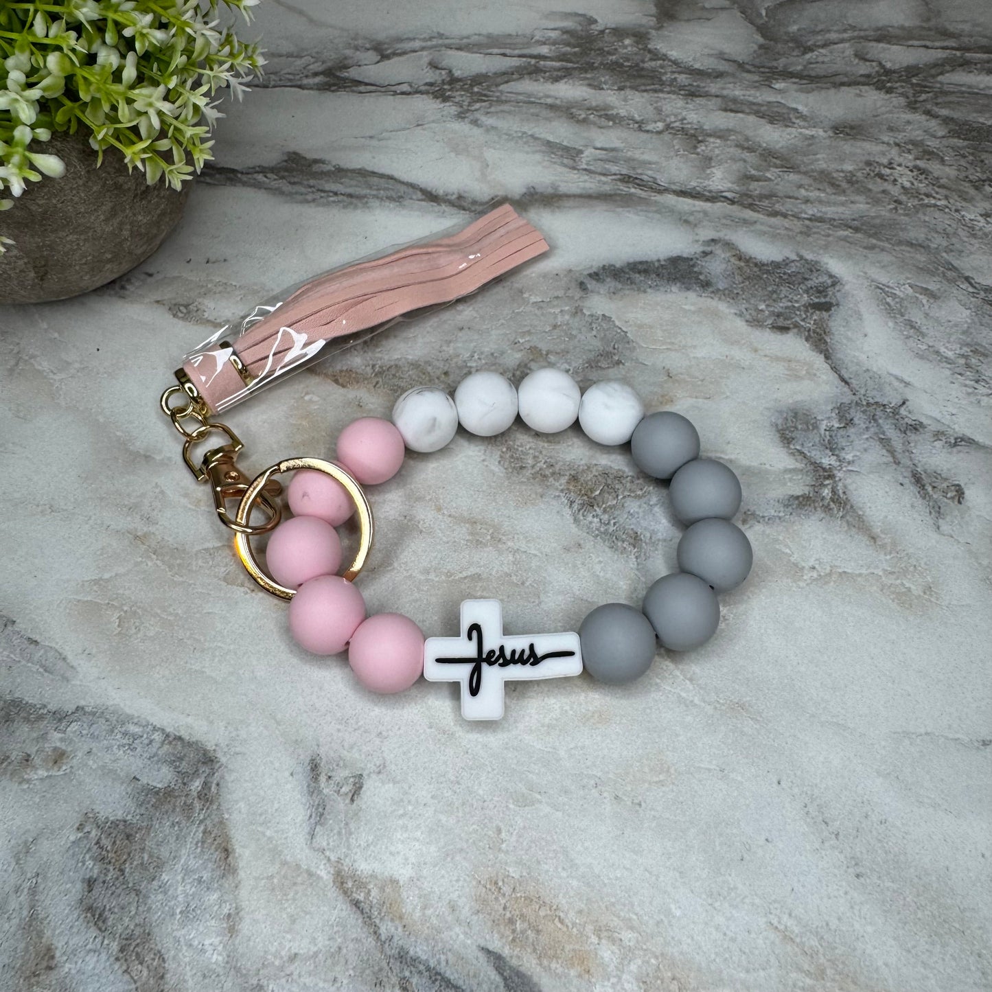 Silicone Bracelet Keychain - Religious, Jesus, White & Pink