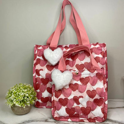 Tote Bag - Heart Dark Pink + White