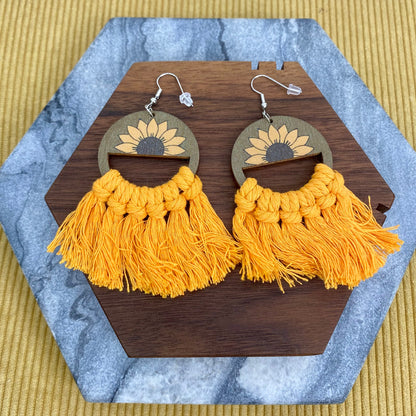 Wood & Macrame Earrings - Half Sunflower